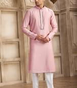 Men's dark pink straight kurta with plain banarasi art silk and with lining