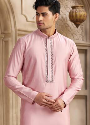 men's dark pink straight kurta pajama with plain banarasi art silk and with lining 2