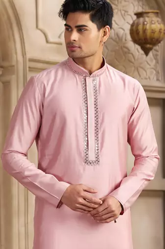 men's dark pink straight kurta pajama with plain banarasi art silk and with lining