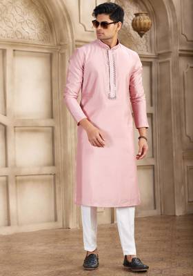 men's dark pink straight kurta pajama with plain banarasi art silk and with lining 3