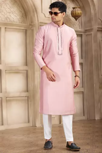 men's dark pink straight kurta pajama with plain banarasi art silk and with lining