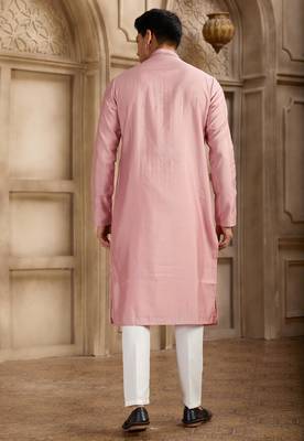 men's dark pink straight kurta pajama with plain banarasi art silk and with lining 4