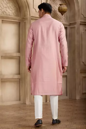 men's dark pink straight kurta pajama with plain banarasi art silk and with lining