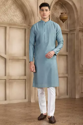Men's Blue straight kurta with plain banarasi art silk and with lining