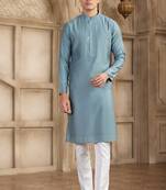 Men's Blue straight kurta with plain banarasi art silk and with lining