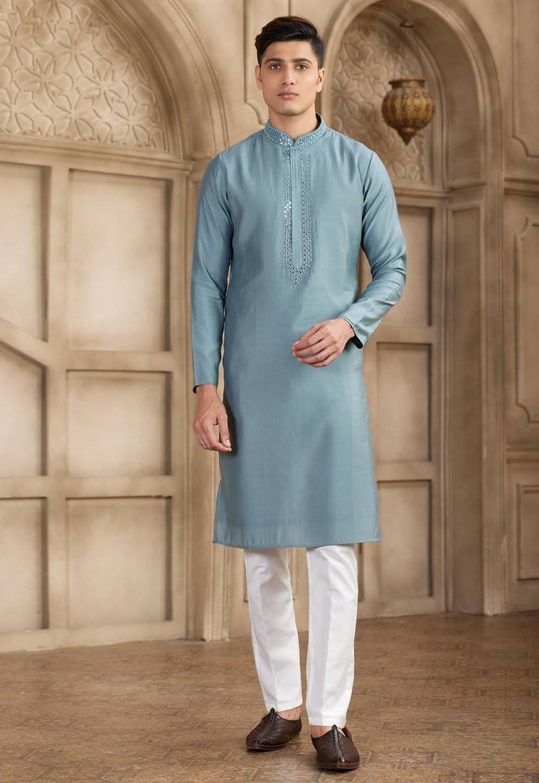 Men's Blue straight kurta with plain banarasi art silk and with lining