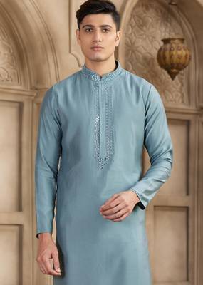 men's grey straight kurta pajama with plain banarasi art silk and with lining 2