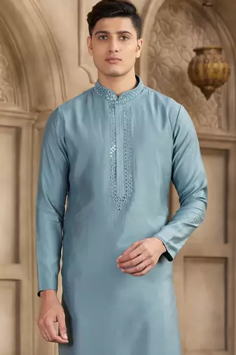 men's grey straight kurta pajama with plain banarasi art silk and with lining