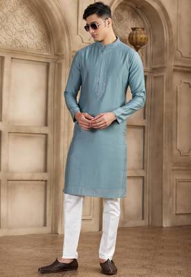men's grey straight kurta pajama with plain banarasi art silk and with lining 3