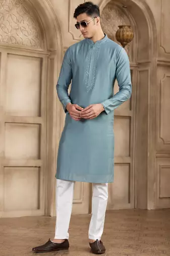 men's grey straight kurta pajama with plain banarasi art silk and with lining