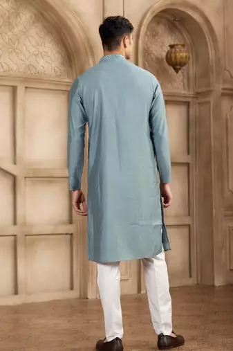 men's grey straight kurta pajama with plain banarasi art silk and with lining
