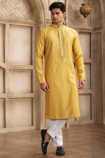 Men's yellow straight kurta with plain banarasi art silk and with lining