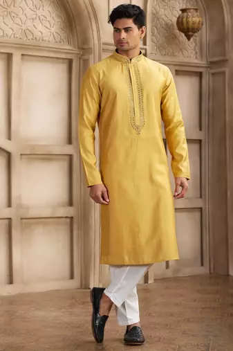 Men's yellow straight kurta with plain banarasi art silk and with lining