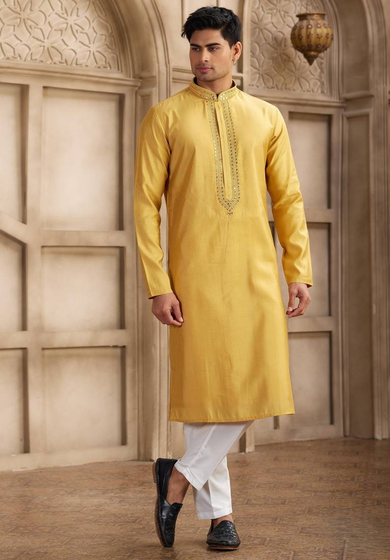 Men's yellow straight kurta with plain banarasi art silk and with lining