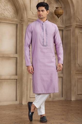 Men's purple straight kurta with plain banarasi art silk and with lining