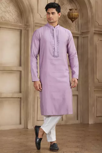 Men's purple straight kurta with plain banarasi art silk and with lining
