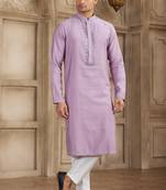 Men's purple straight kurta with plain banarasi art silk and with lining