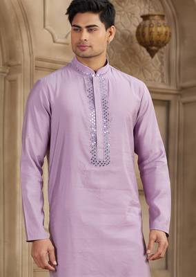 men's purple straight kurta pajama with plain banarasi art silk and with lining 2