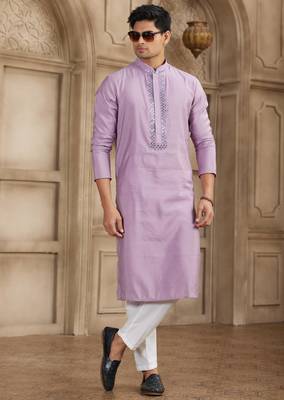 men's purple straight kurta pajama with plain banarasi art silk and with lining 3