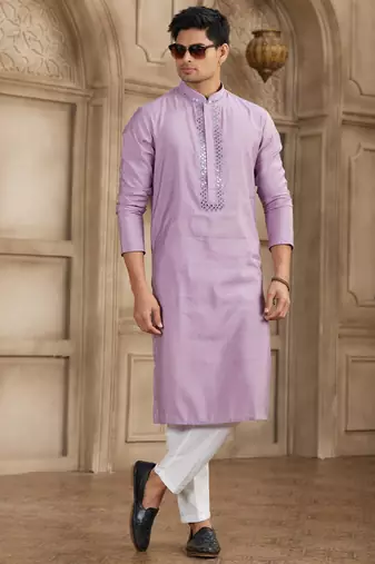 men's purple straight kurta pajama with plain banarasi art silk and with lining