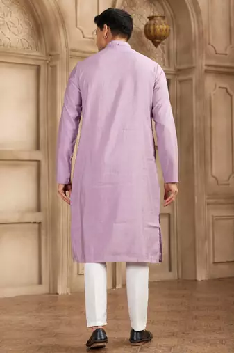 men's purple straight kurta pajama with plain banarasi art silk and with lining