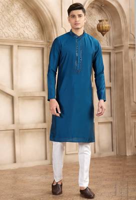 men's blue straight kurta pajama with plain banarasi art silk and with lining 1