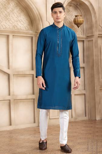 Men's blue straight kurta with plain banarasi art silk and with lining