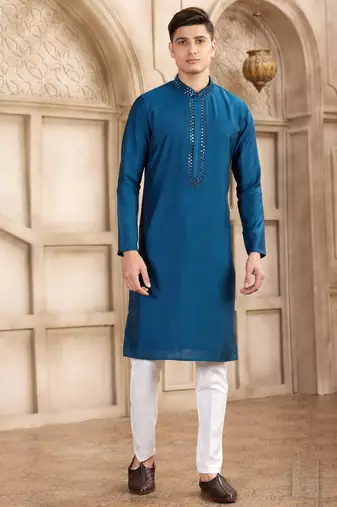 Men's blue straight kurta with plain banarasi art silk and with lining
