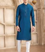 men's blue straight kurta pajama with plain banarasi art silk and with lining