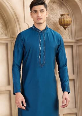 men's blue straight kurta pajama with plain banarasi art silk and with lining 2