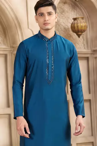 men's blue straight kurta pajama with plain banarasi art silk and with lining