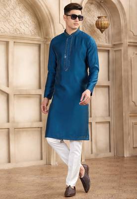 men's blue straight kurta pajama with plain banarasi art silk and with lining 3
