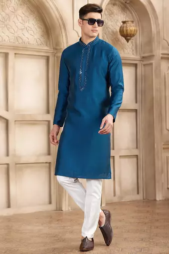 men's blue straight kurta pajama with plain banarasi art silk and with lining