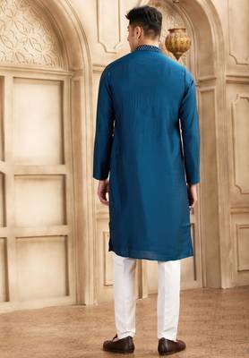 men's blue straight kurta pajama with plain banarasi art silk and with lining 4