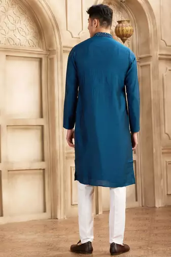 men's blue straight kurta pajama with plain banarasi art silk and with lining