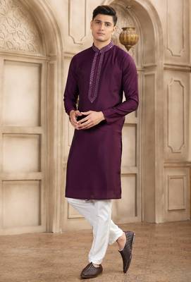 men's wine straight kurta pajama with plain banarasi art silk and with lining 1