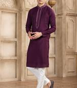 men's wine straight kurta pajama with plain banarasi art silk and with lining