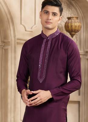men's wine straight kurta pajama with plain banarasi art silk and with lining 2