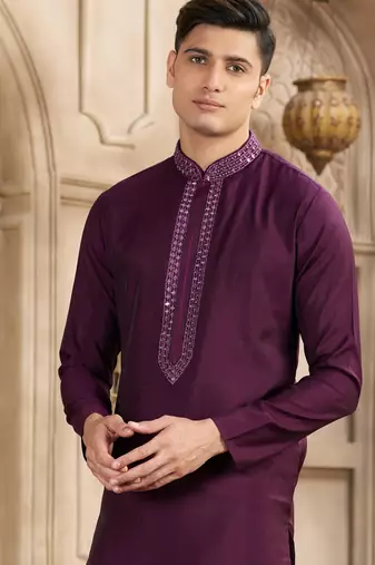men's wine straight kurta pajama with plain banarasi art silk and with lining