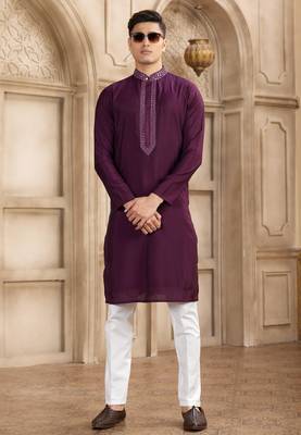 men's wine straight kurta pajama with plain banarasi art silk and with lining 3