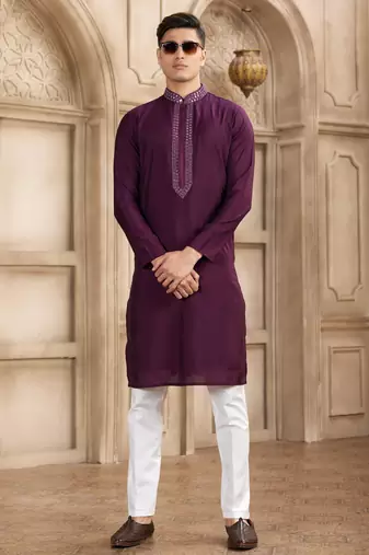 men's wine straight kurta pajama with plain banarasi art silk and with lining
