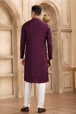men's wine straight kurta pajama with plain banarasi art silk and with lining 4