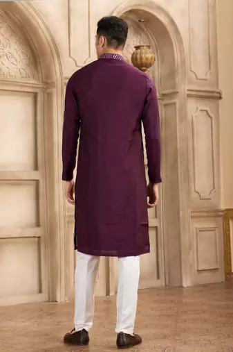 men's wine straight kurta pajama with plain banarasi art silk and with lining