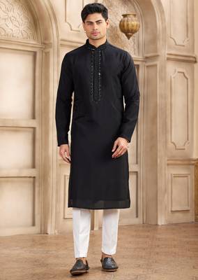 men's black straight kurta pajama with plain banarasi art silk and with lining 1