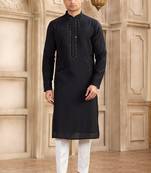 men's black straight kurta pajama with plain banarasi art silk and with lining