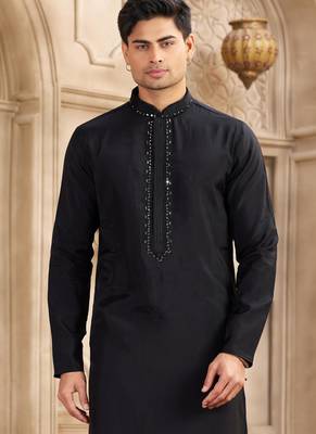 men's black straight kurta pajama with plain banarasi art silk and with lining 2