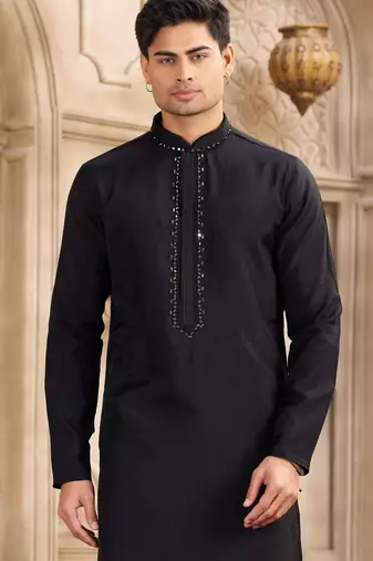 men's black straight kurta pajama with plain banarasi art silk and with lining