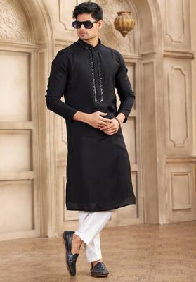 men's black straight kurta pajama with plain banarasi art silk and with lining 3