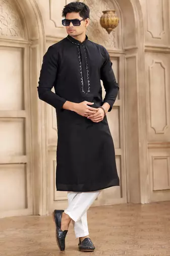 men's black straight kurta pajama with plain banarasi art silk and with lining