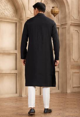 men's black straight kurta pajama with plain banarasi art silk and with lining 4
